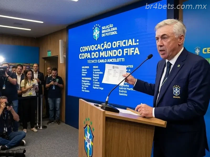 Técnico Carlo Ancelotti anunciando a convocação da Seleção Brasileira para a Copa do Mundo.